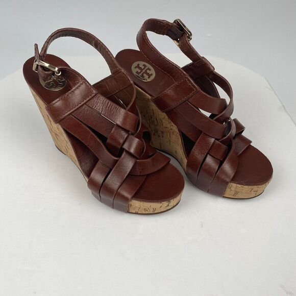 Tory Burch 7 M Ace High Wedge Platform Cork Slingback Heels Shoes Sandals Brown